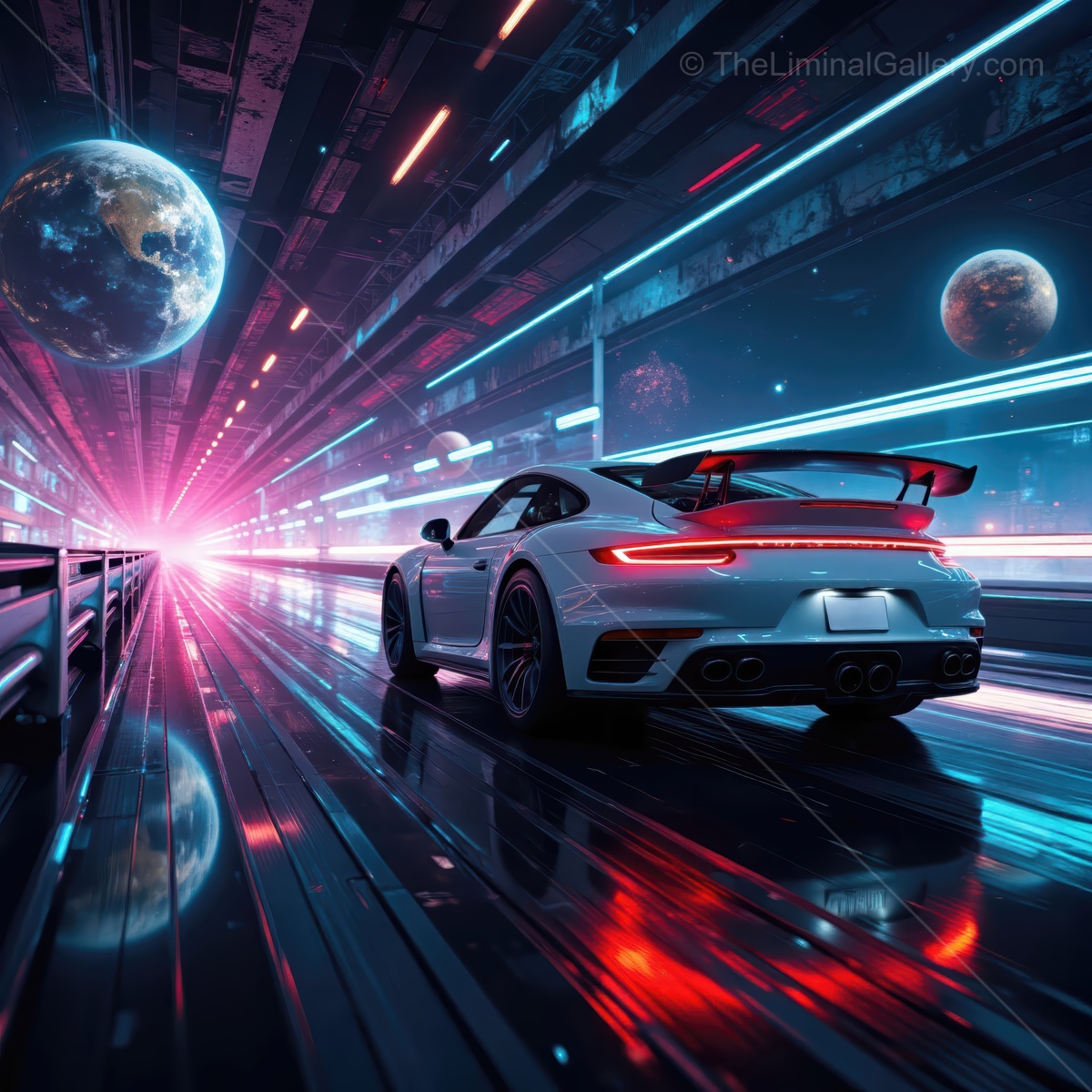 Modern sports car racing through a vibrant neon space highway under glowing planets