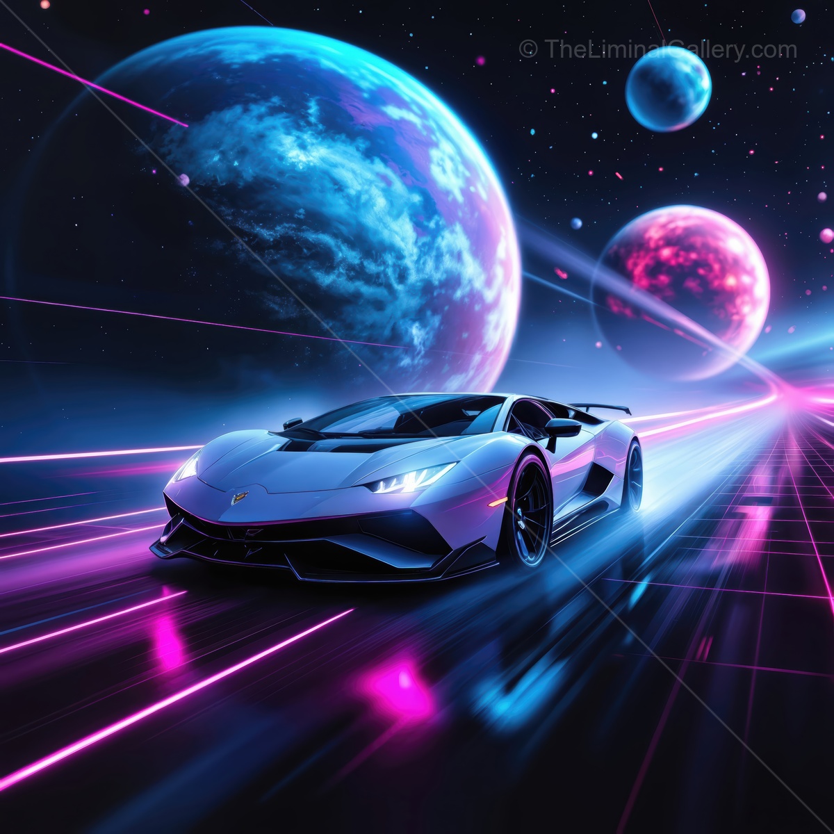 Speeding through cosmic realms in a futuristic supercar under vibrant galaxies