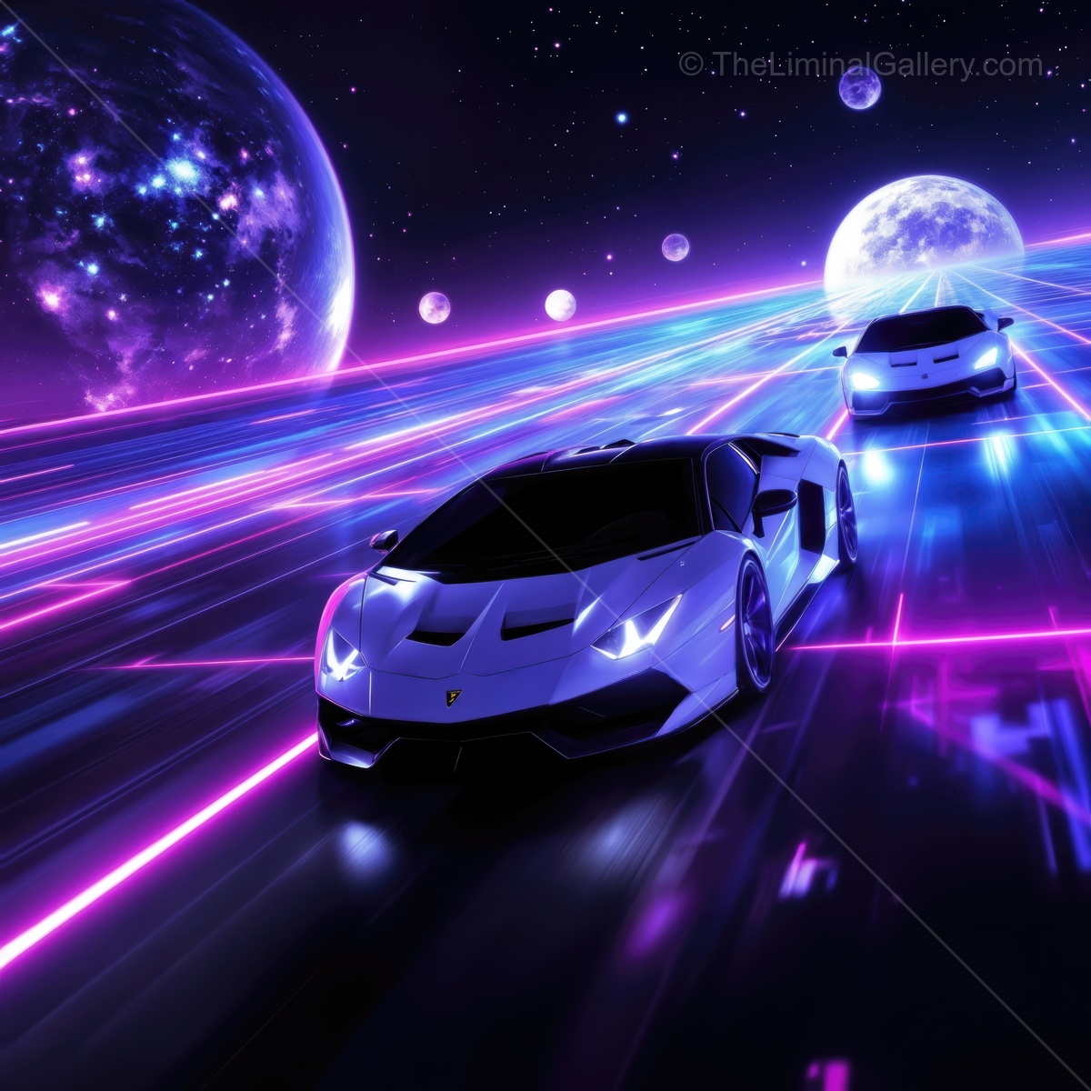 Fast cars racing through a vibrant cosmic landscape under shimmering stars and glowing planets