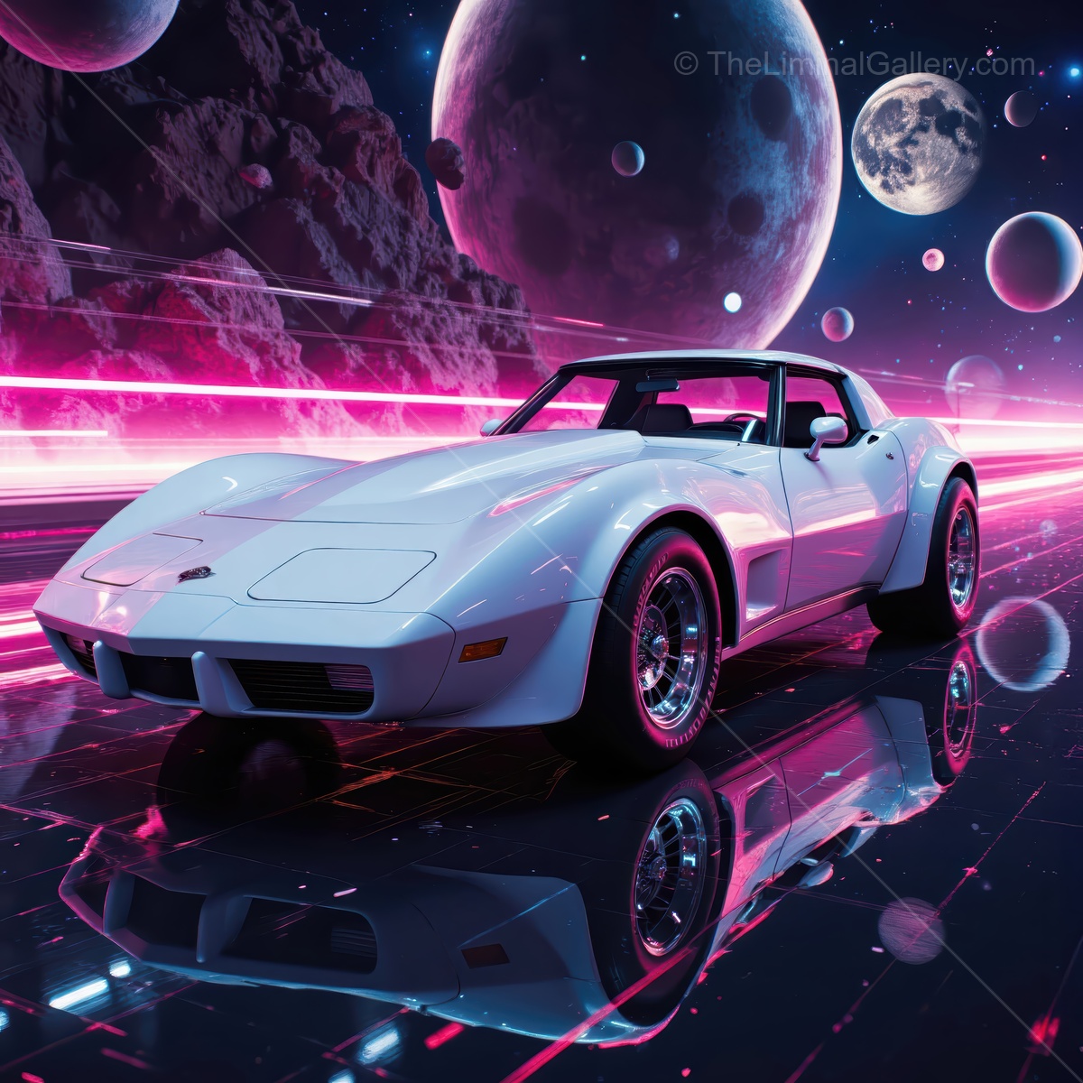 Vintage sports car cruising through a cosmic landscape filled with vibrant planets and neon lights at nighttime