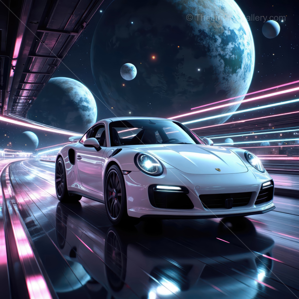 Sporty white car racing through a futuristic space landscape with vibrant colors and planets in the background