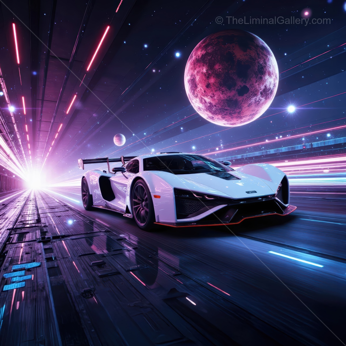 Futuristic racing scene with a sleek white sports car amidst cosmic elements and vibrant light trails
