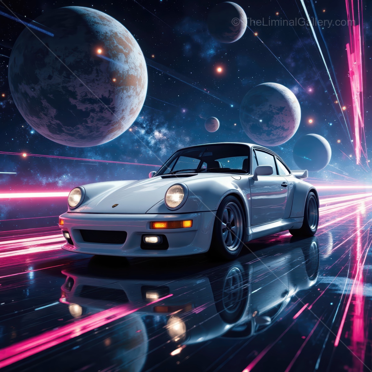 White sports car speeds through a cosmic landscape with vibrant colors and distant planets