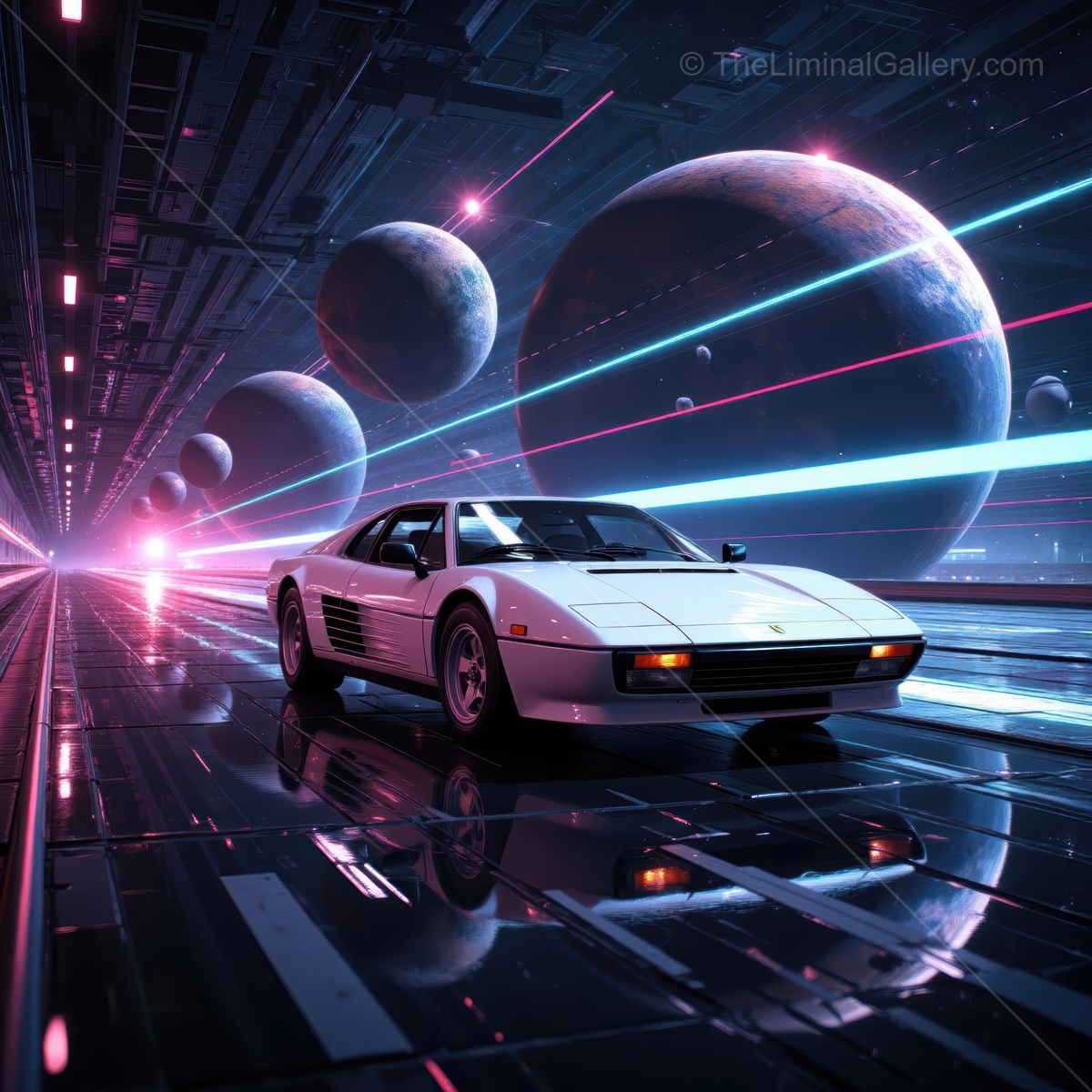 Sleek white sports car races through a cosmic landscape with glowing planets and vibrant light trails