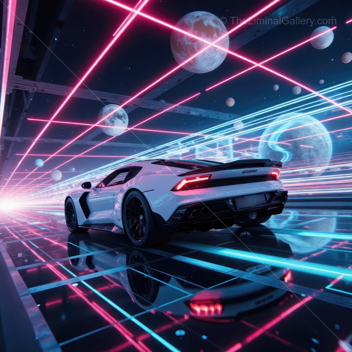 Futuristic car cruising through a neon-lit cosmic landscape at night