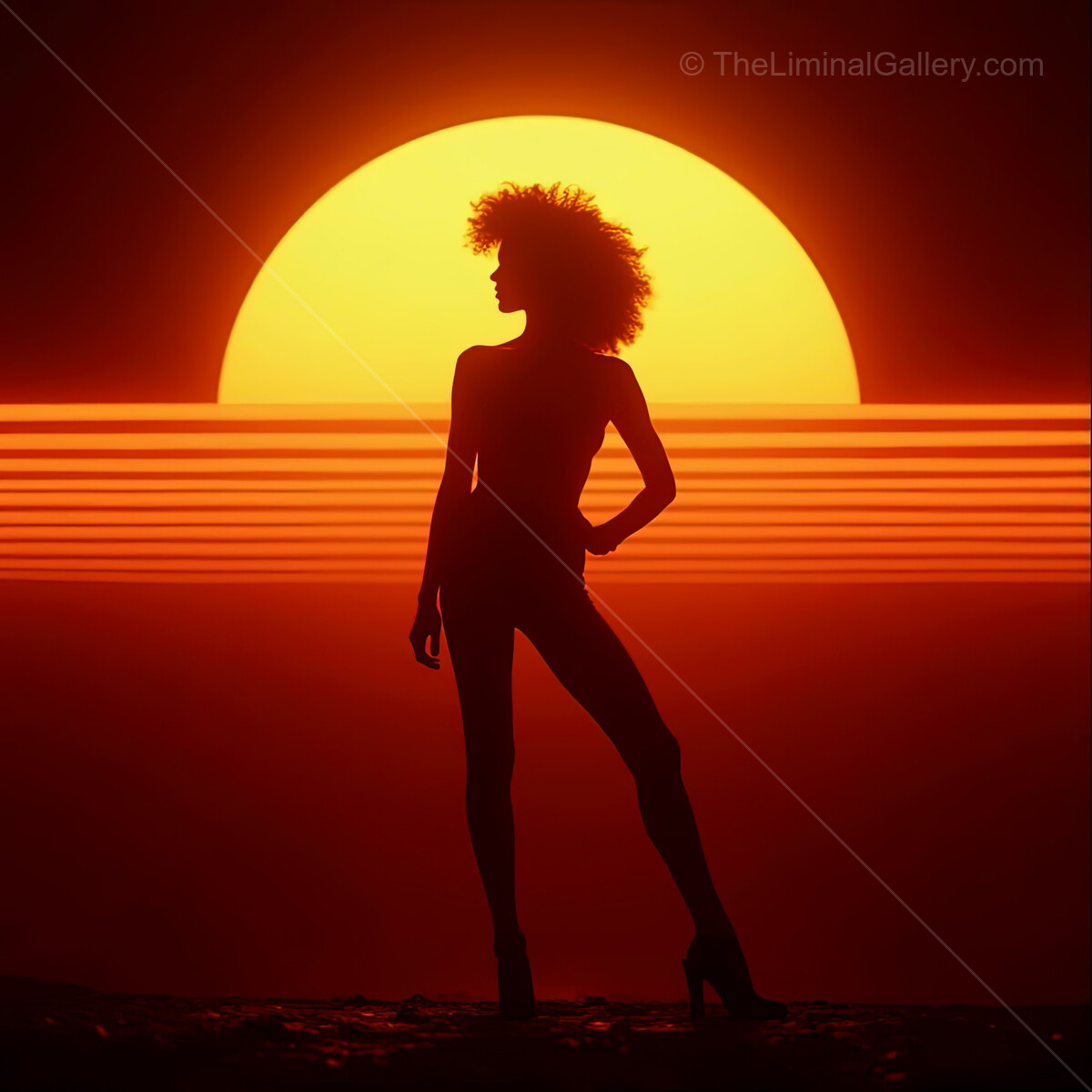Vibrant synthwave sunset with silhouette poised in an electric orange horizon at dusk