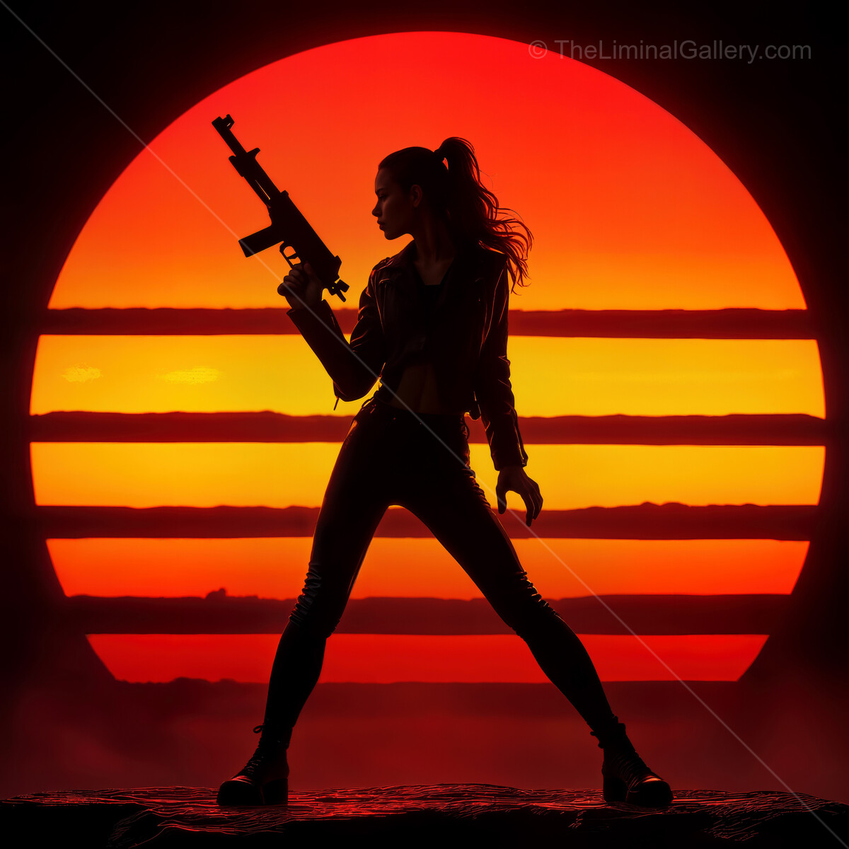 Epic synthwave sunset scene showcasing a silhouetted figure holding a weapon in a vibrant orange and red sky