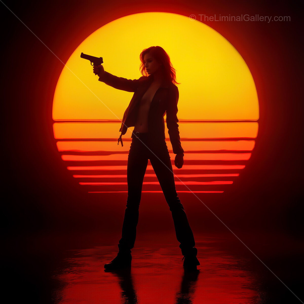 Sunset in a neon world where a daring figure stands ready, embodying strength and mystery against the backdrop of vibrant colors