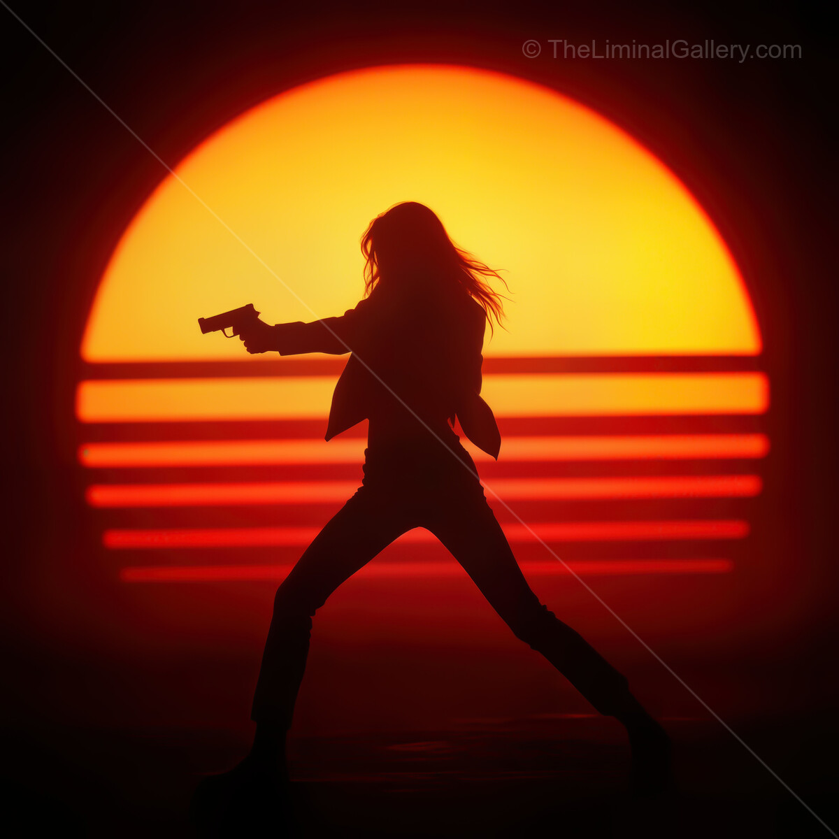 Silhouette in a synthwave sunset with bold colors and powerful stance