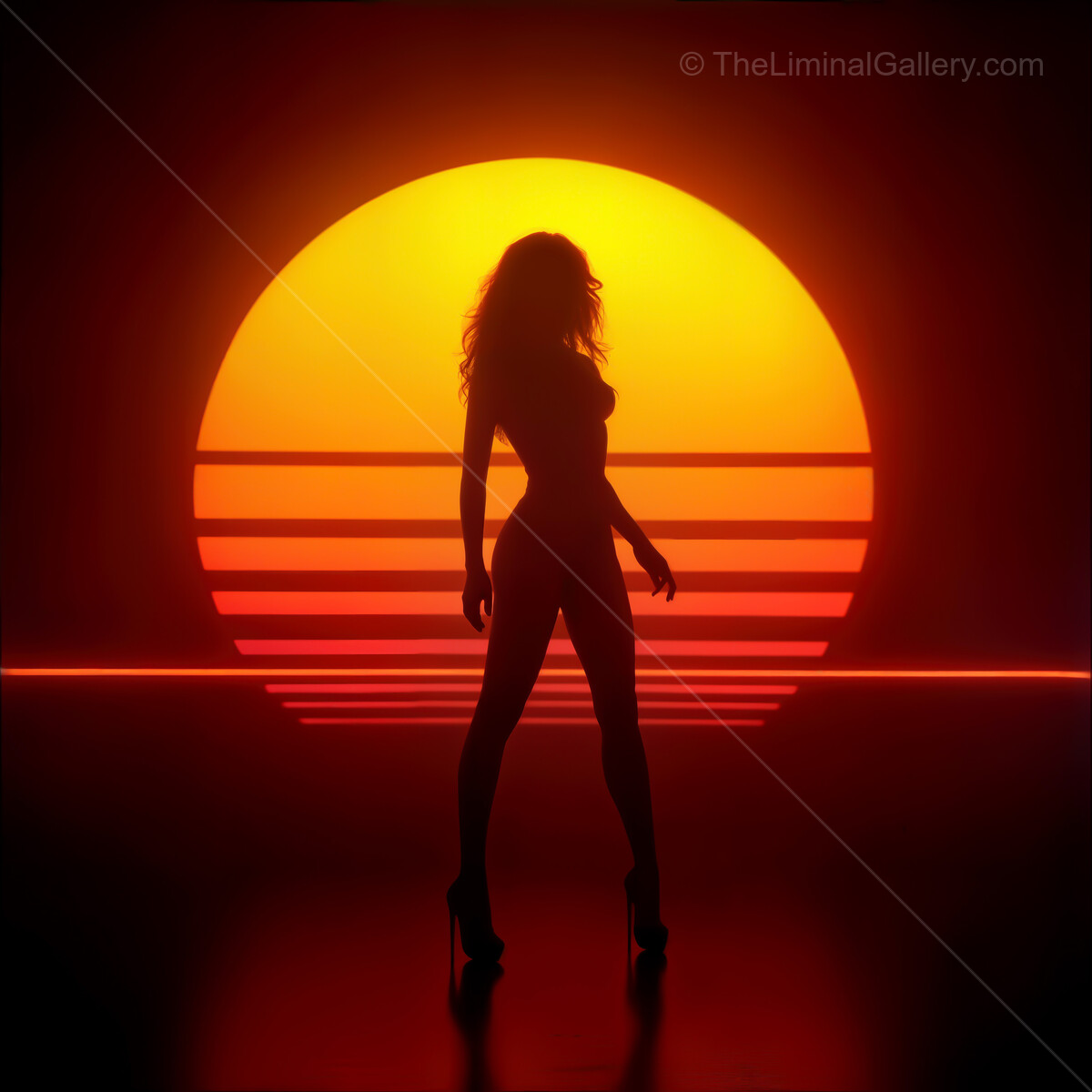 Glimmering synthwave sunset with striking silhouette against a warm horizon