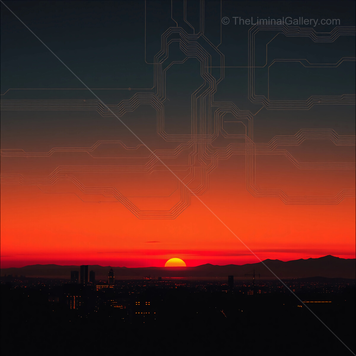 Vibrant sunset over the city skyline with intricate circuit patterns blending technology and nature