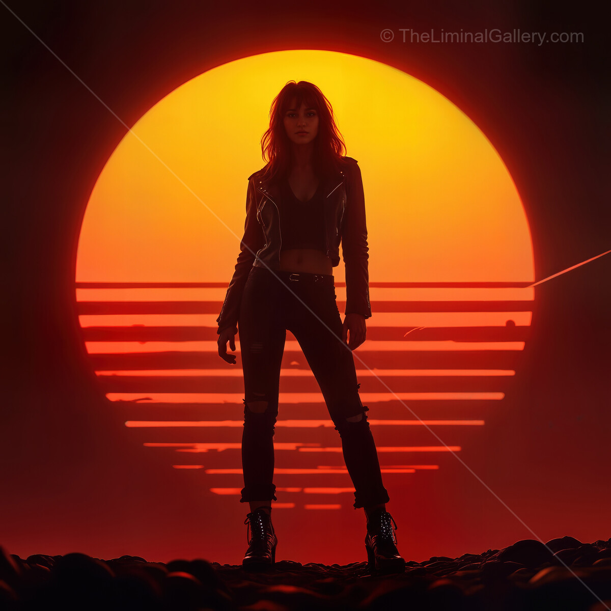 Bold figure stands silhouetted against a vibrant synthwave sunset, embodying the spirit of the night in a neon-infused landscape
