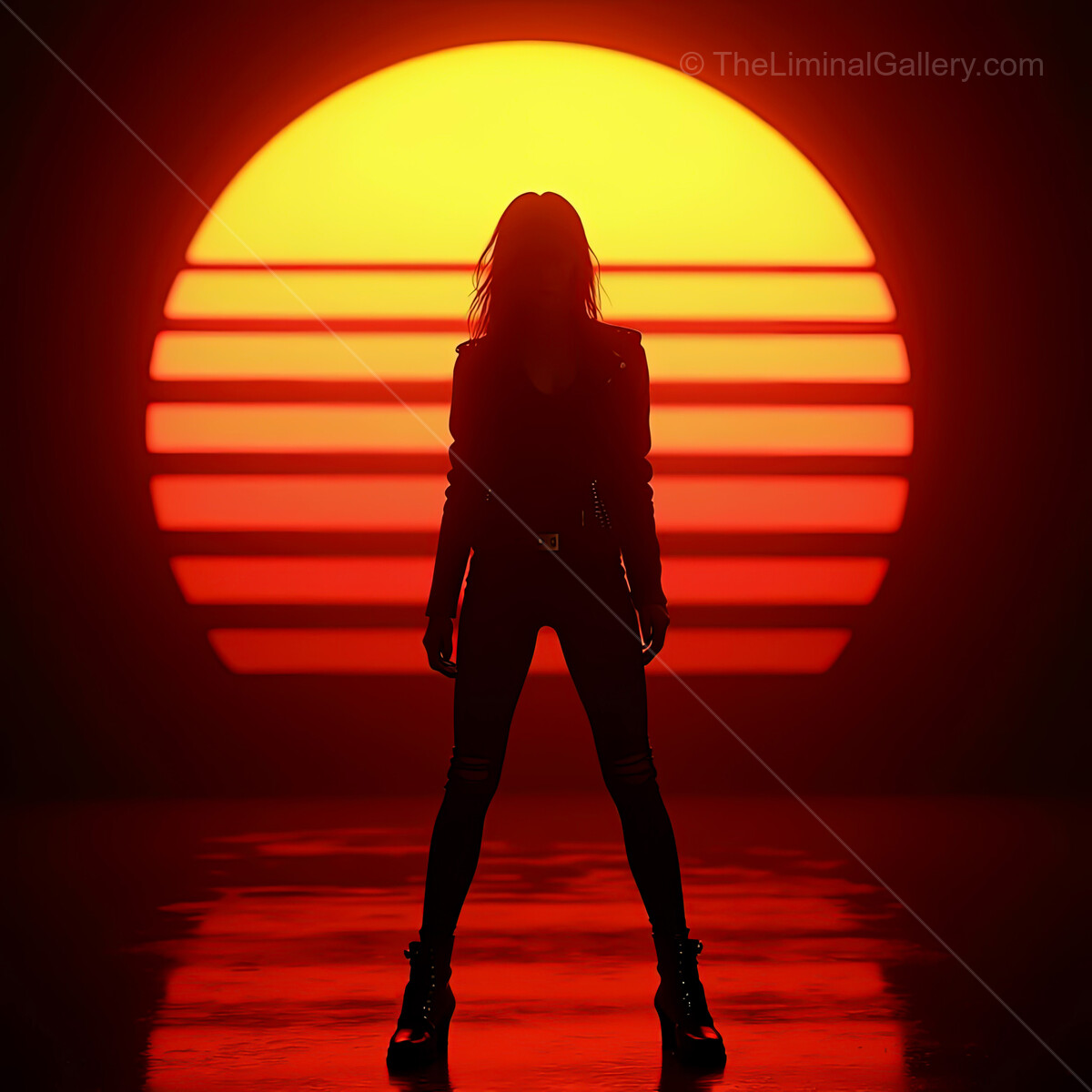 Vibrant synthwave sunset casting a warm glow on a silhouetted figure in a striking pose