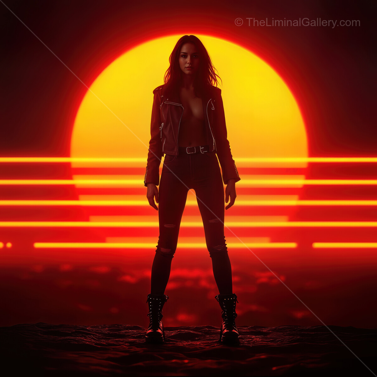 Bold figure stands against a vibrant synthwave sunset with warm hues illuminating the scene