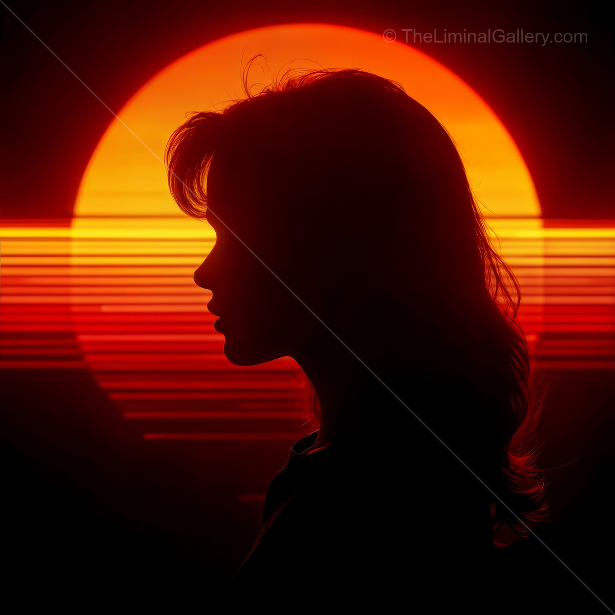 Sunset silhouettes create a vibrant synthwave atmosphere with warm hues and tranquil energy in a dreamlike scene