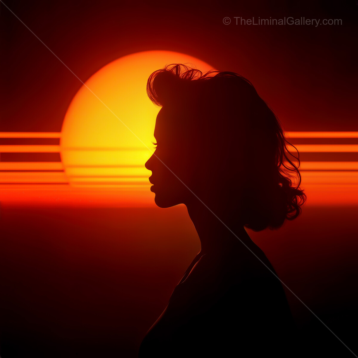 Stunning synthwave sunset casting bold silhouettes against a vibrant horizon in a serene moment of evening introspection