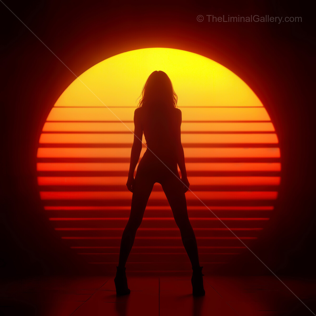 Sculpted silhouette against a vibrant synthwave sunset, radiating warm hues of orange and yellow in a neon-infused dreamscape