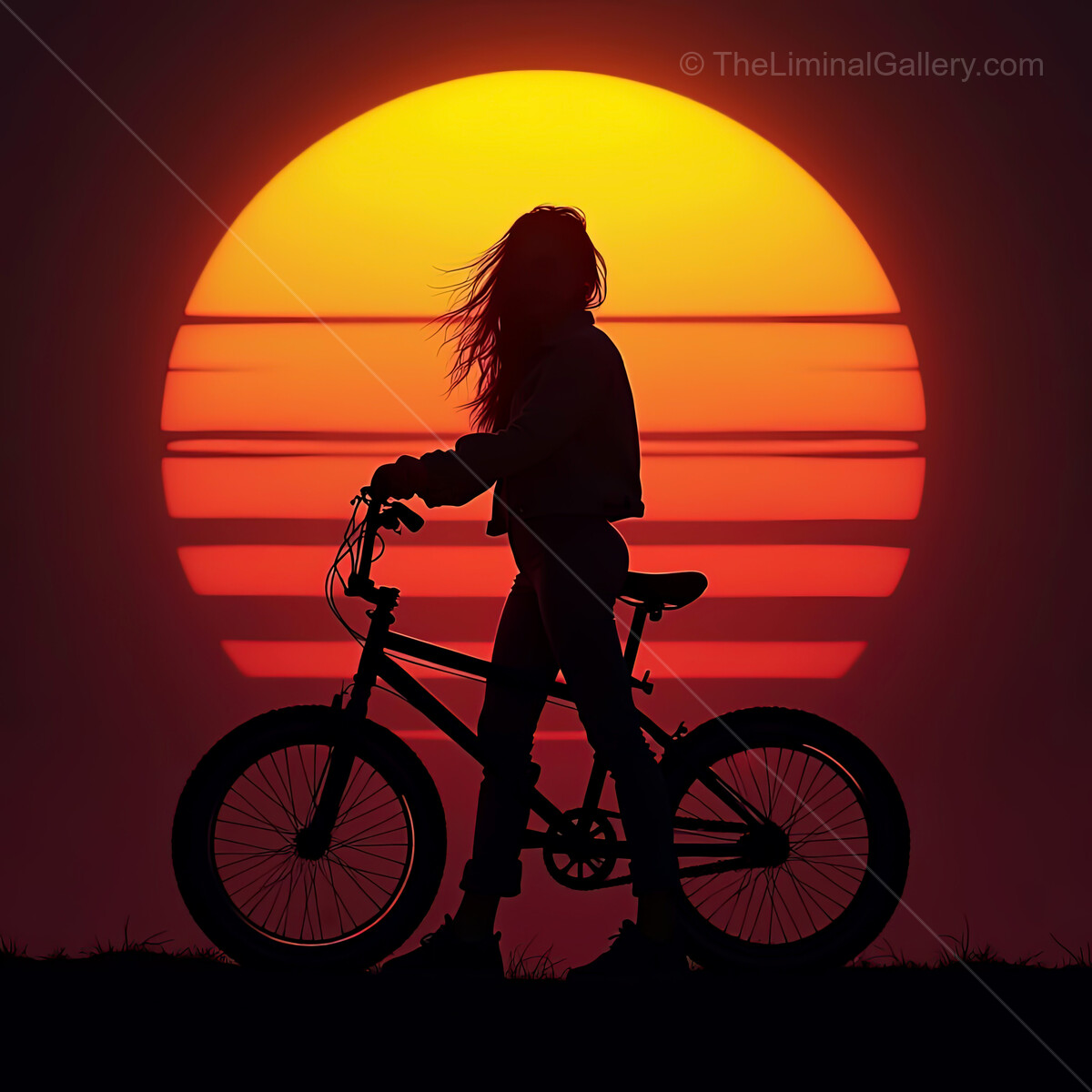 Biking into the future under a radiant synthwave sunset over endless horizons