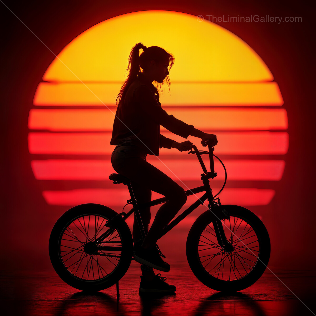 Chasing dreams under a vibrant synthwave sunset while biking through a neon fantasy world