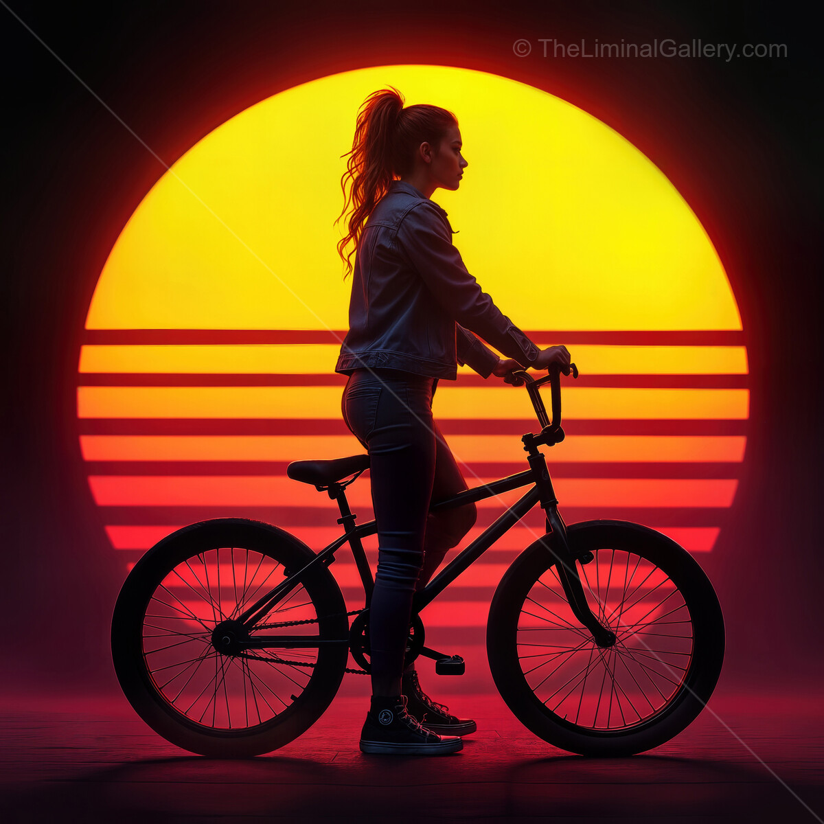 Cycling into the vibrant synthwave sunset, capturing a moment of freedom and adventure against a mesmerizing backdrop of neon colors
