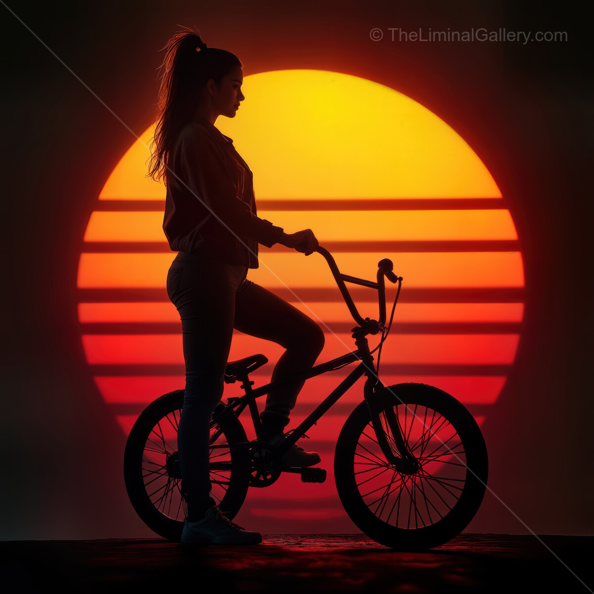 Biking into the synthwave sunset with vibrant colors illuminating the evening sky
