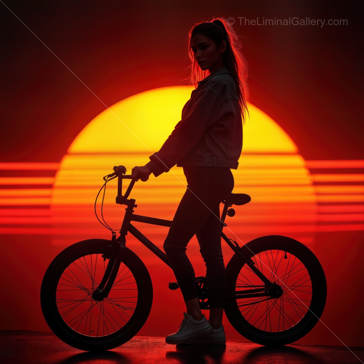 Radiant synthwave sunset creates a vibrant backdrop for a cyclist lost in thought