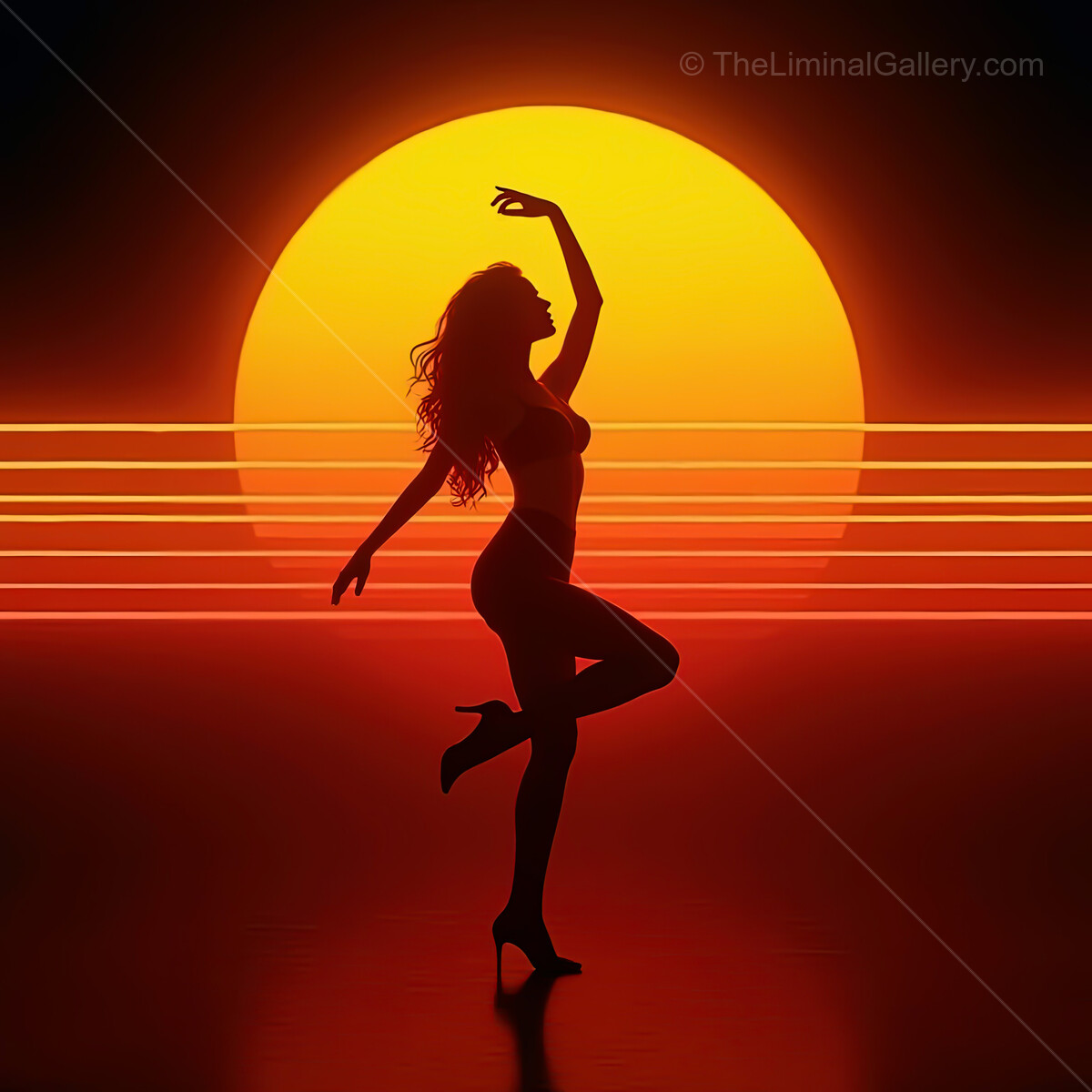Dancer silhouetted against a vibrant synthwave sunset scene with radiant orange hues and neon lines