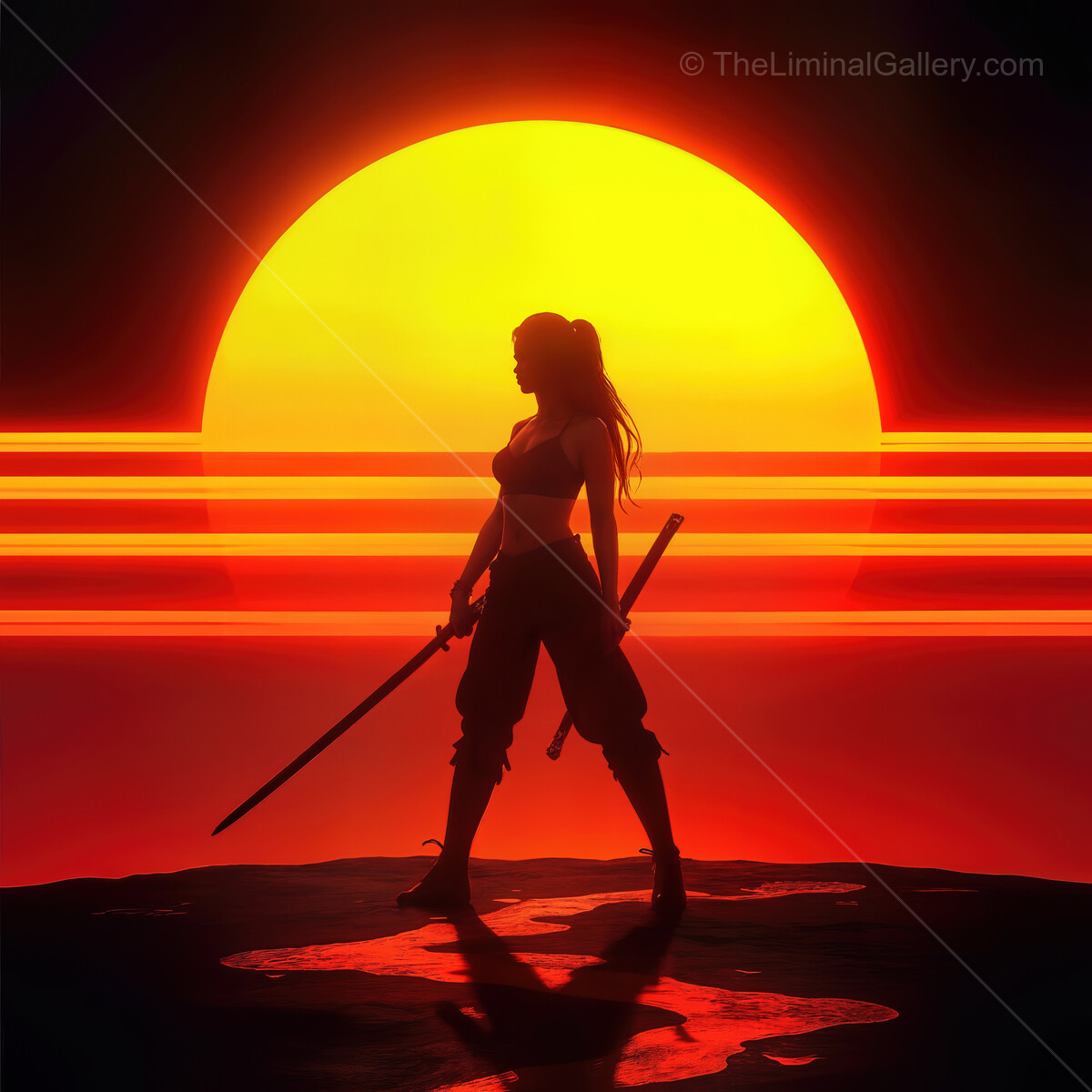Warrior stands silhouetted against a vibrant synthwave sunset with glowing bands of color illuminating the horizon