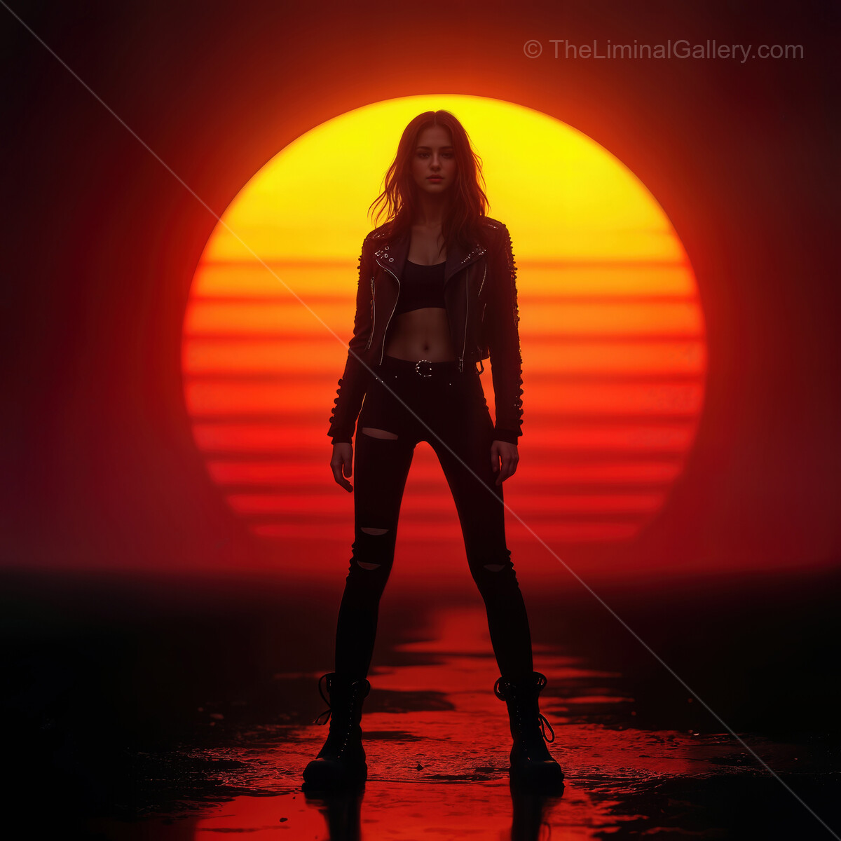 Bold figure stands against a vibrant synthwave sunset, capturing the essence of retro-futuristic style in an enchanting urban landscape