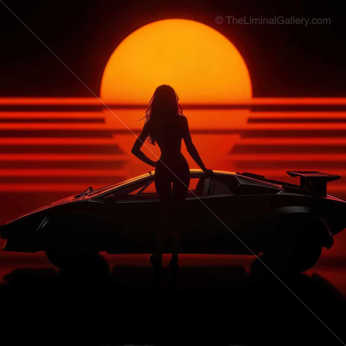 Vibrant synthwave sunset silhouette with a retro sports car and a captivating figure in a futuristic landscape