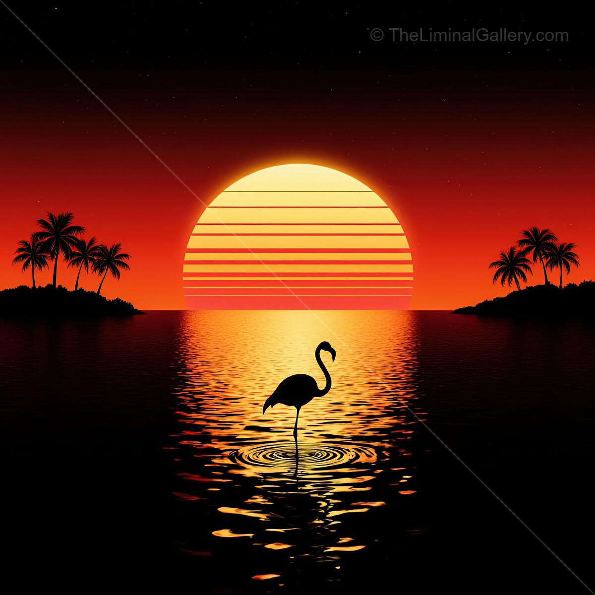 Elegant flamingo silhouetted against a vibrant sunset in a dreamy synthwave landscape by the tranquil sea