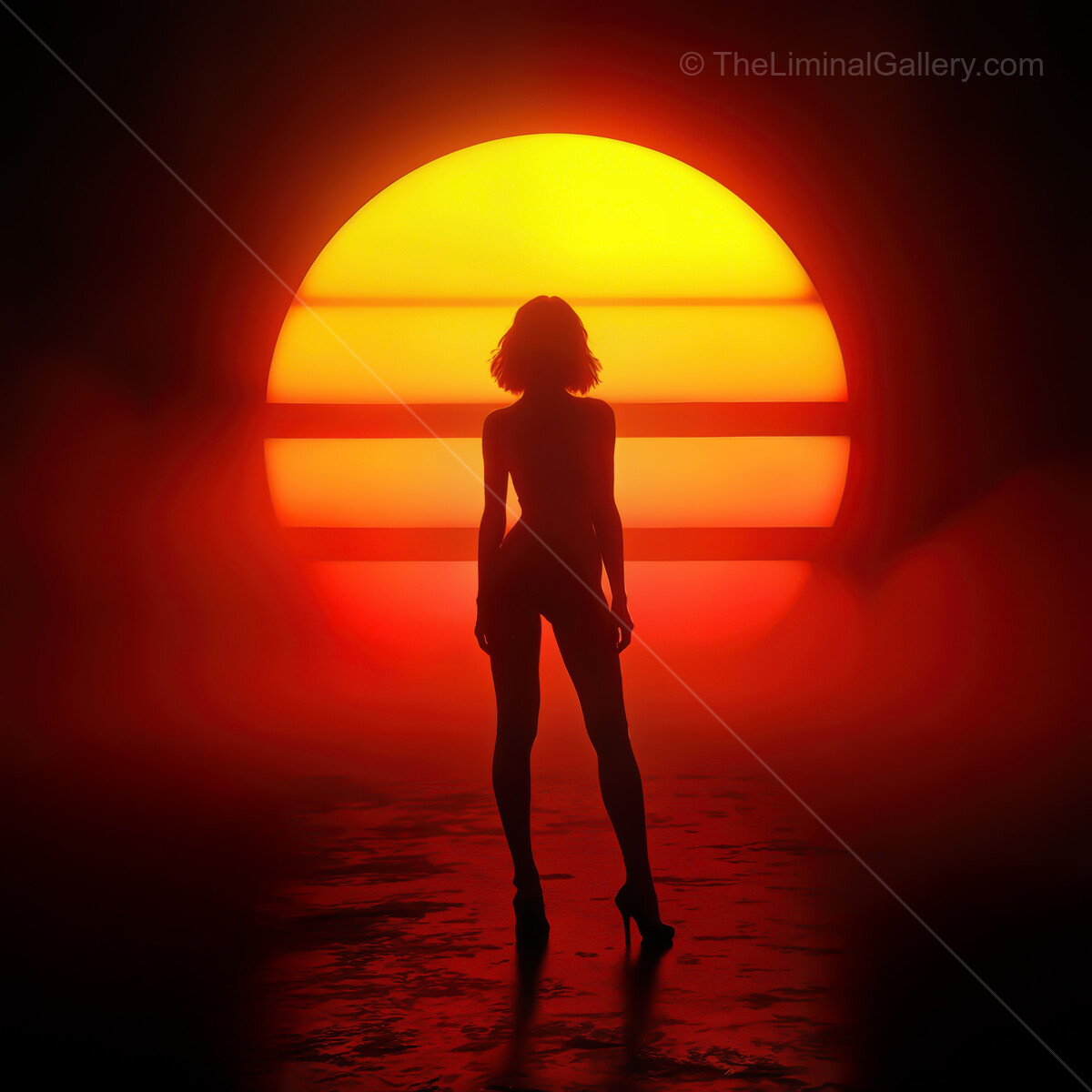 Embracing the neon glow of a synthwave sunset and the allure of the silhouette dancing in the vibrant horizon