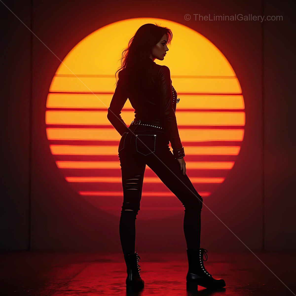 Vibrant synthwave sunset with a stylish silhouette against a glowing retro horizon
