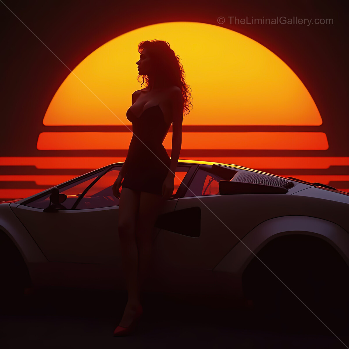 Stunning synthwave sunset with a silhouette by a sleek retro car against a vibrant horizon