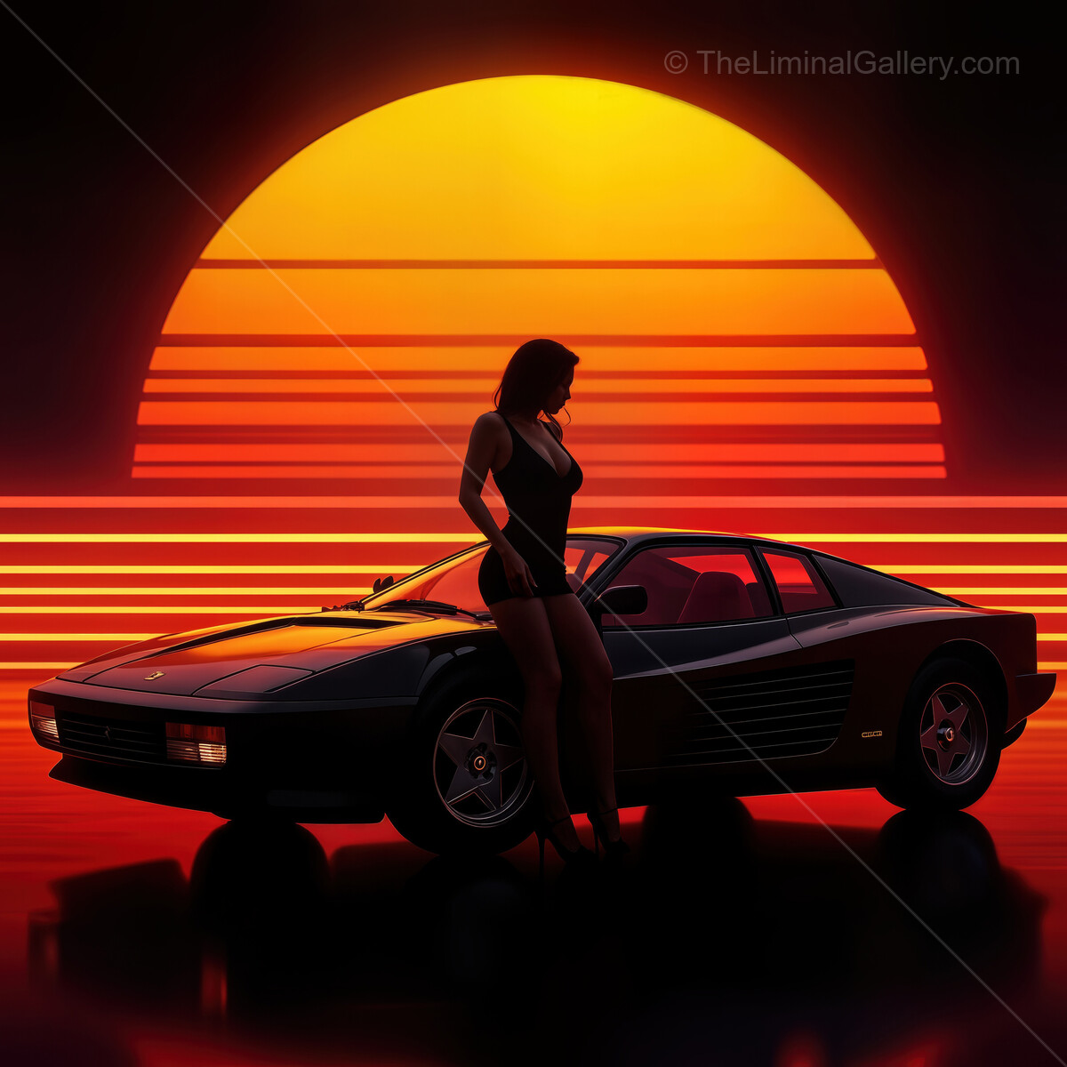 Vibrant synthwave sunset with a sleek car and a stylish figure capturing the essence of retro-futuristic dreams