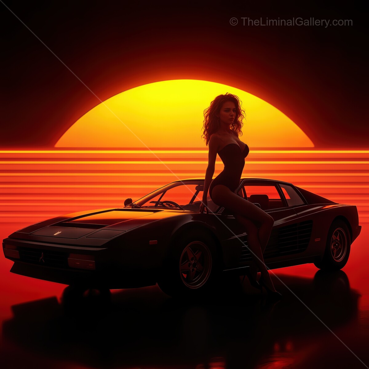 Vibrant synthwave sunset with a sleek sports car and a stylish figure silhouetted against glowing orange hues