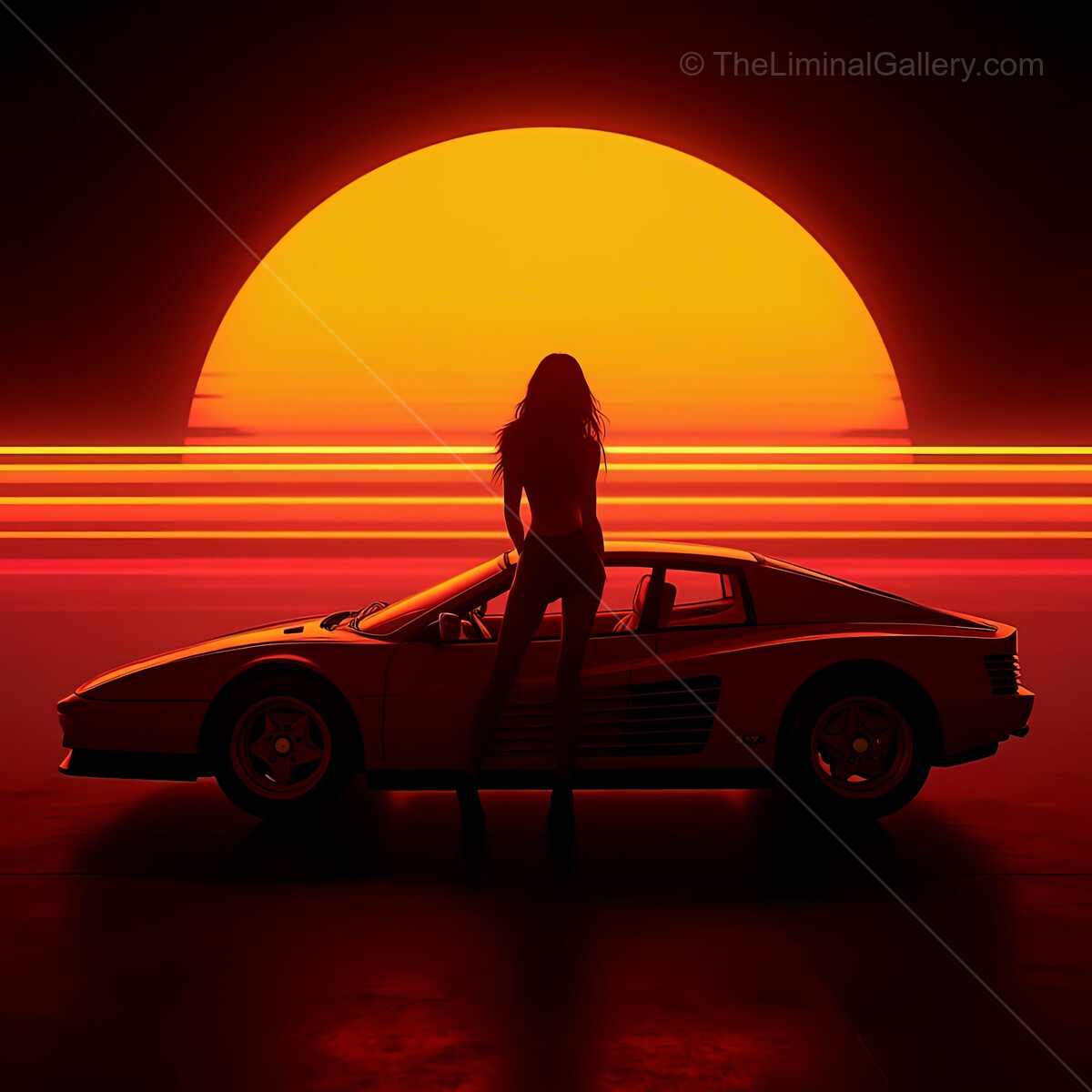 Neon dreams unfold as a silhouette embraces a vibrant synthwave sunset by a vintage car
