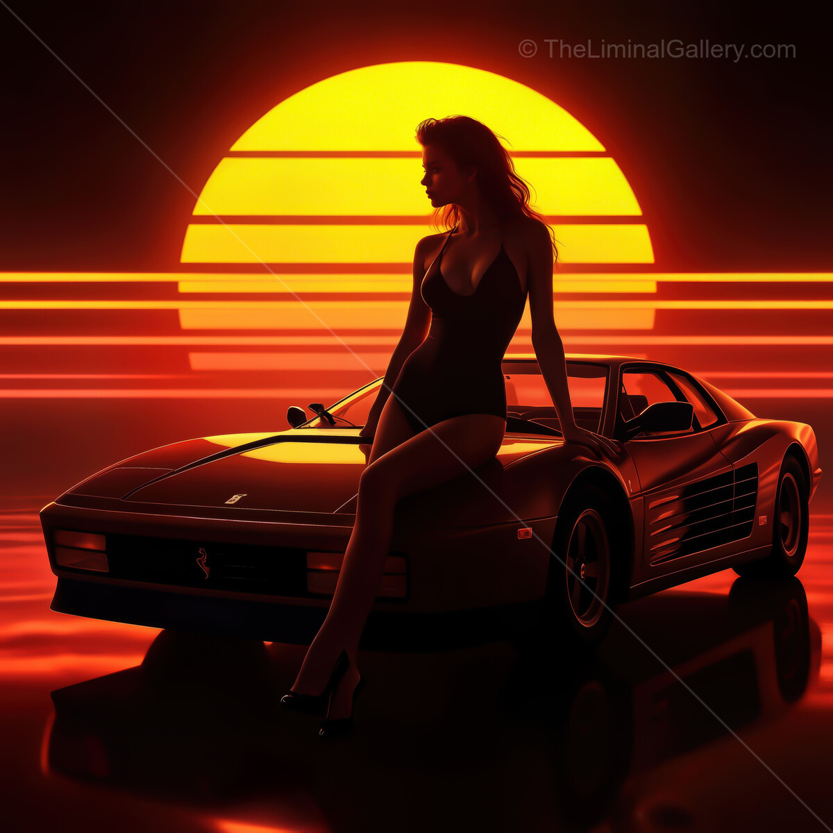 Vibrant synthwave sunset with classic sports car and silhouette of a stylish figure