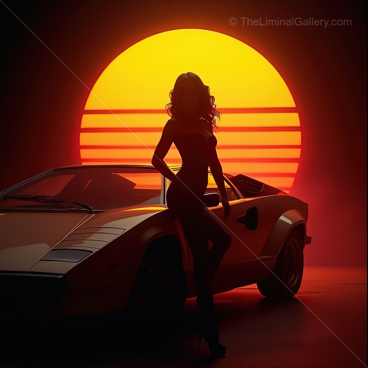 Vibrant synthwave sunset illuminates a classic car and a stunning silhouette by the beach at twilight