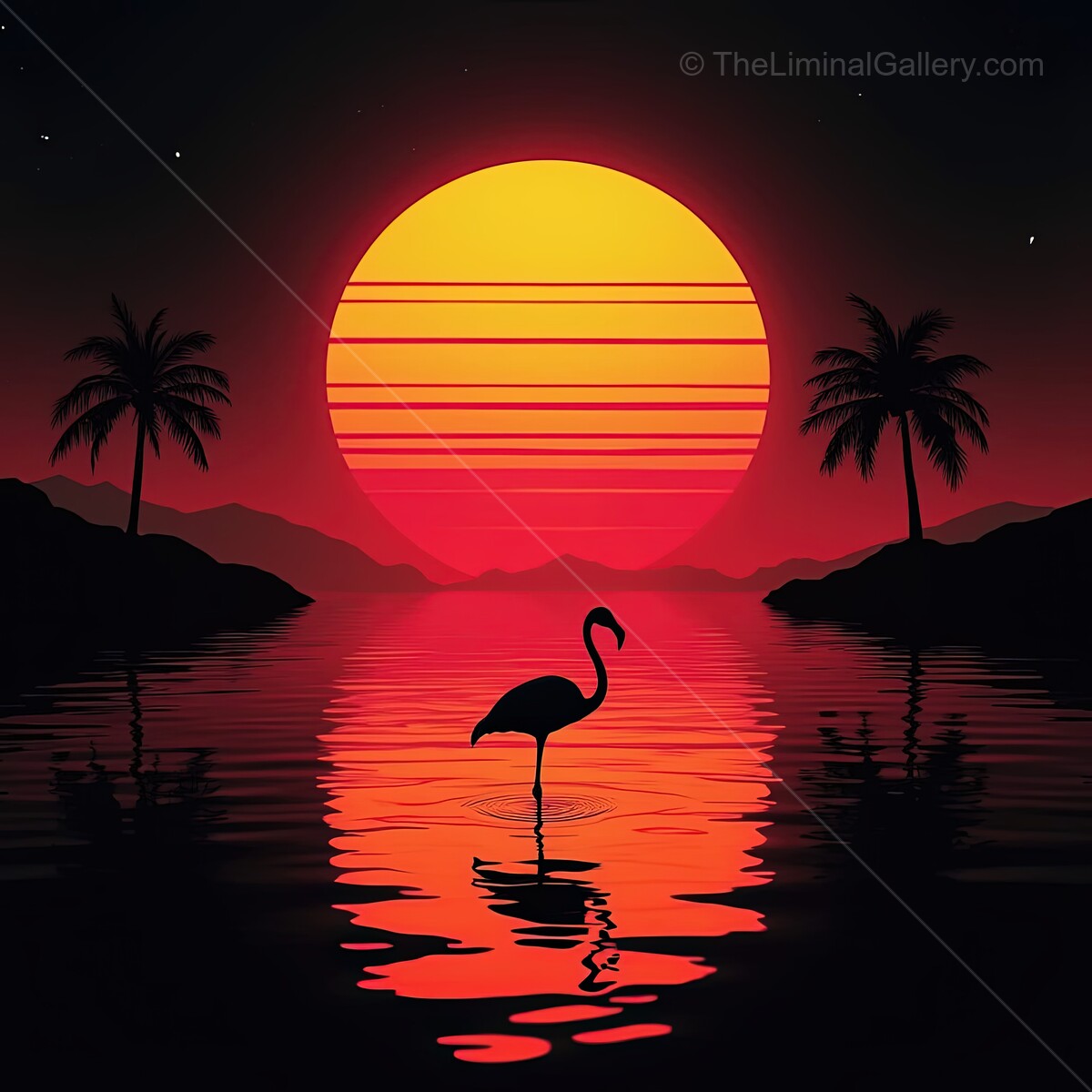 Vibrant sunset with a flamingo in tranquil synthwave paradise