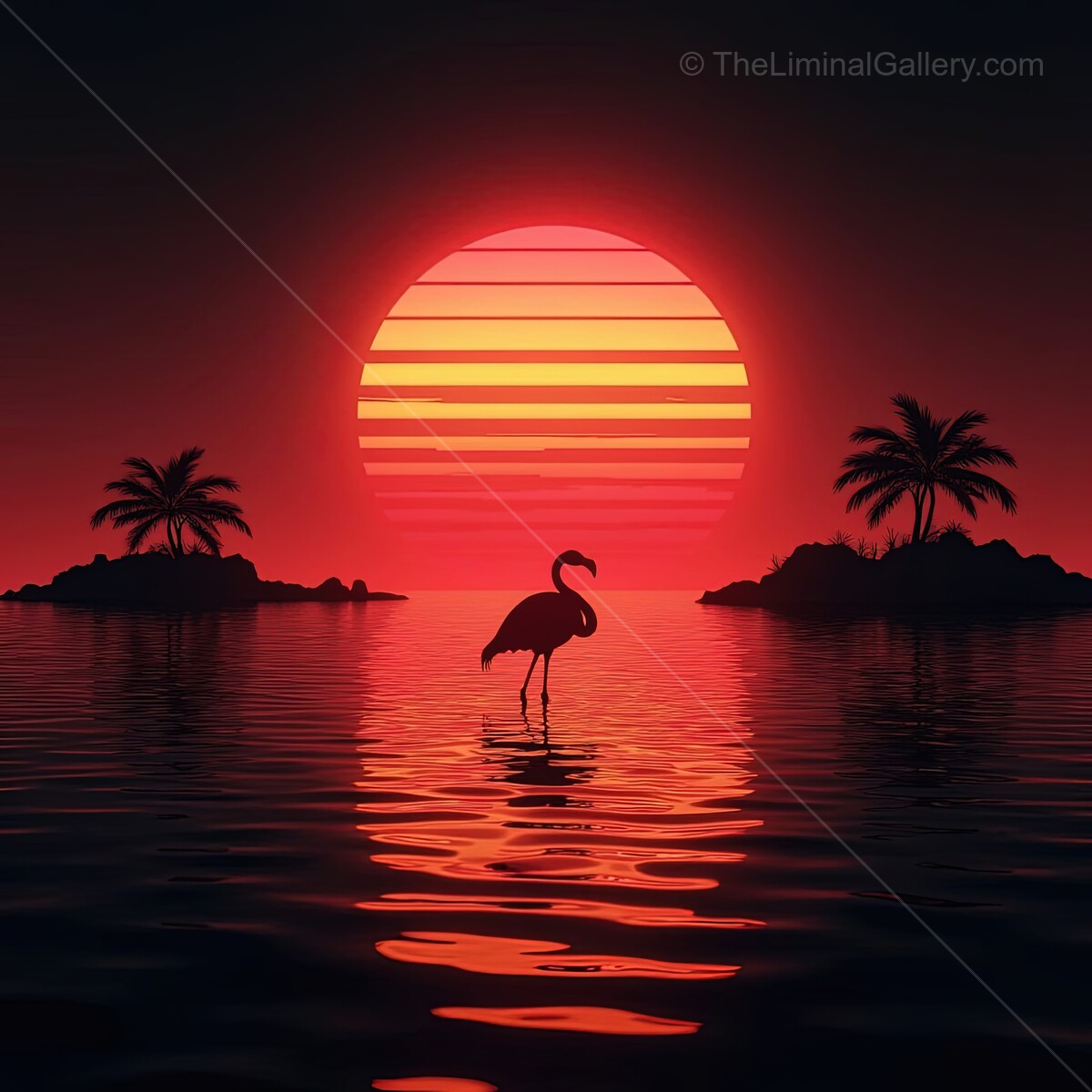 Flamingo stands gracefully in tranquil waters under a vibrant sunset, surrounded by islands and palm trees in a synthwave style