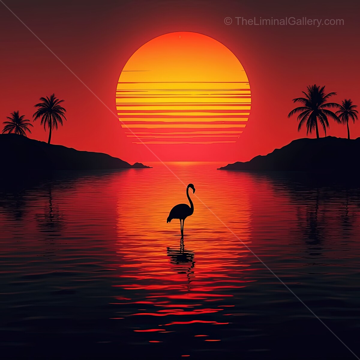 Glowing sunset over the water with a lone flamingo standing amidst serene synthwave vibes and palm trees