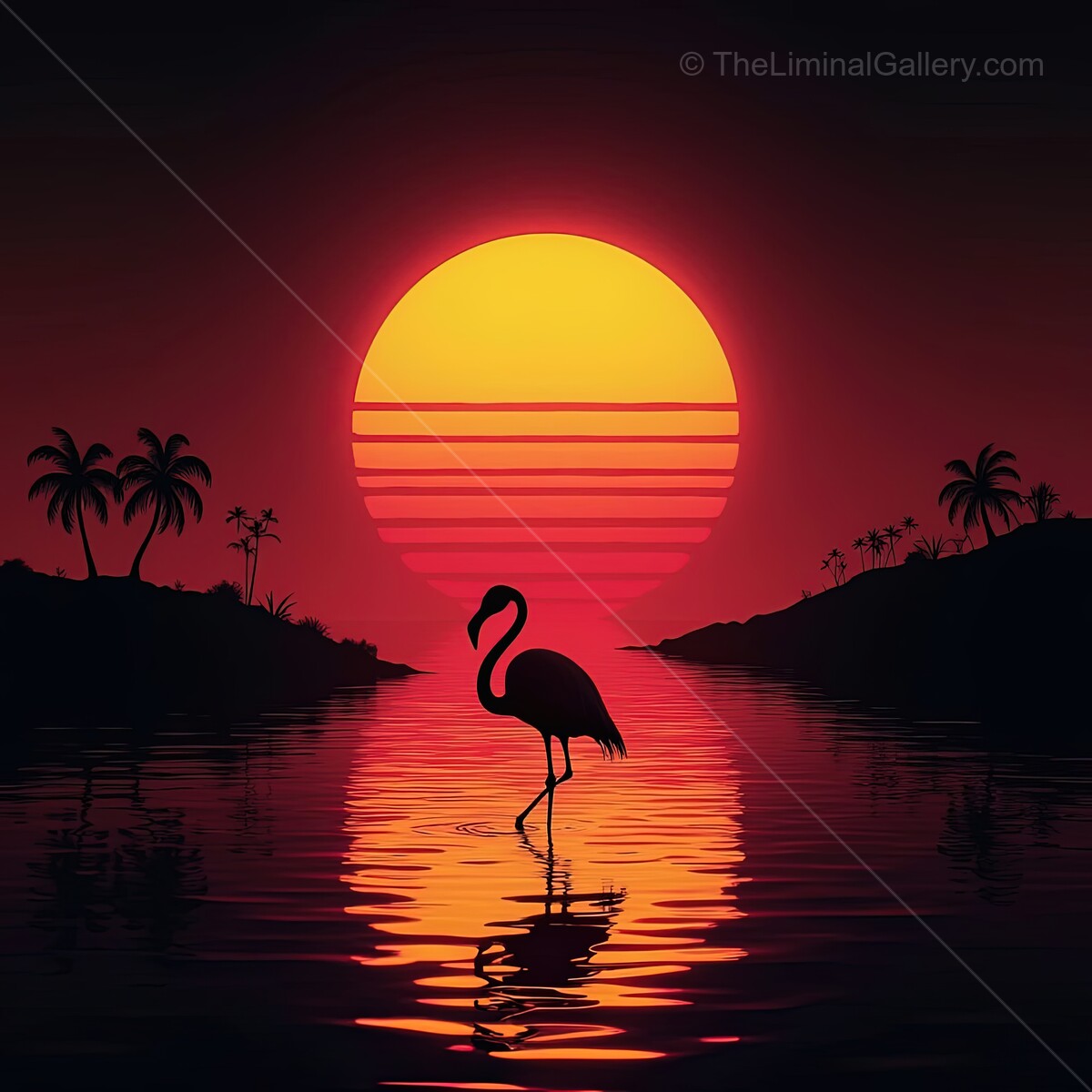 Vibrant sunset paints the sky with flamingo silhouettes in a dreamy synthwave landscape