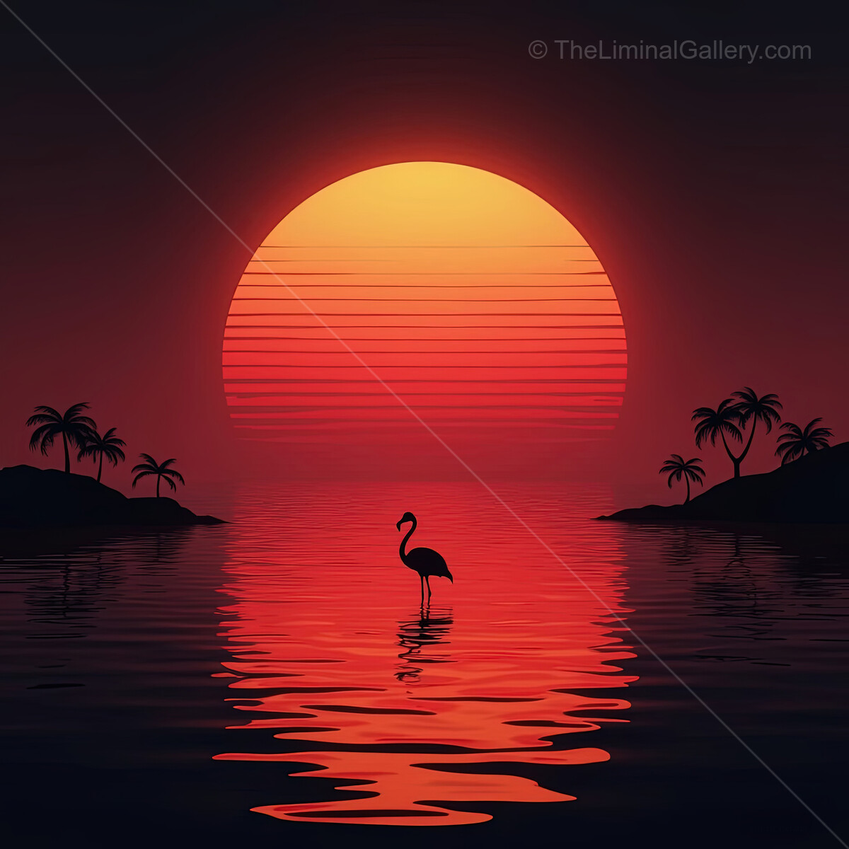 Flamingo stands gracefully in calm waters under vibrant sunset in synthwave style