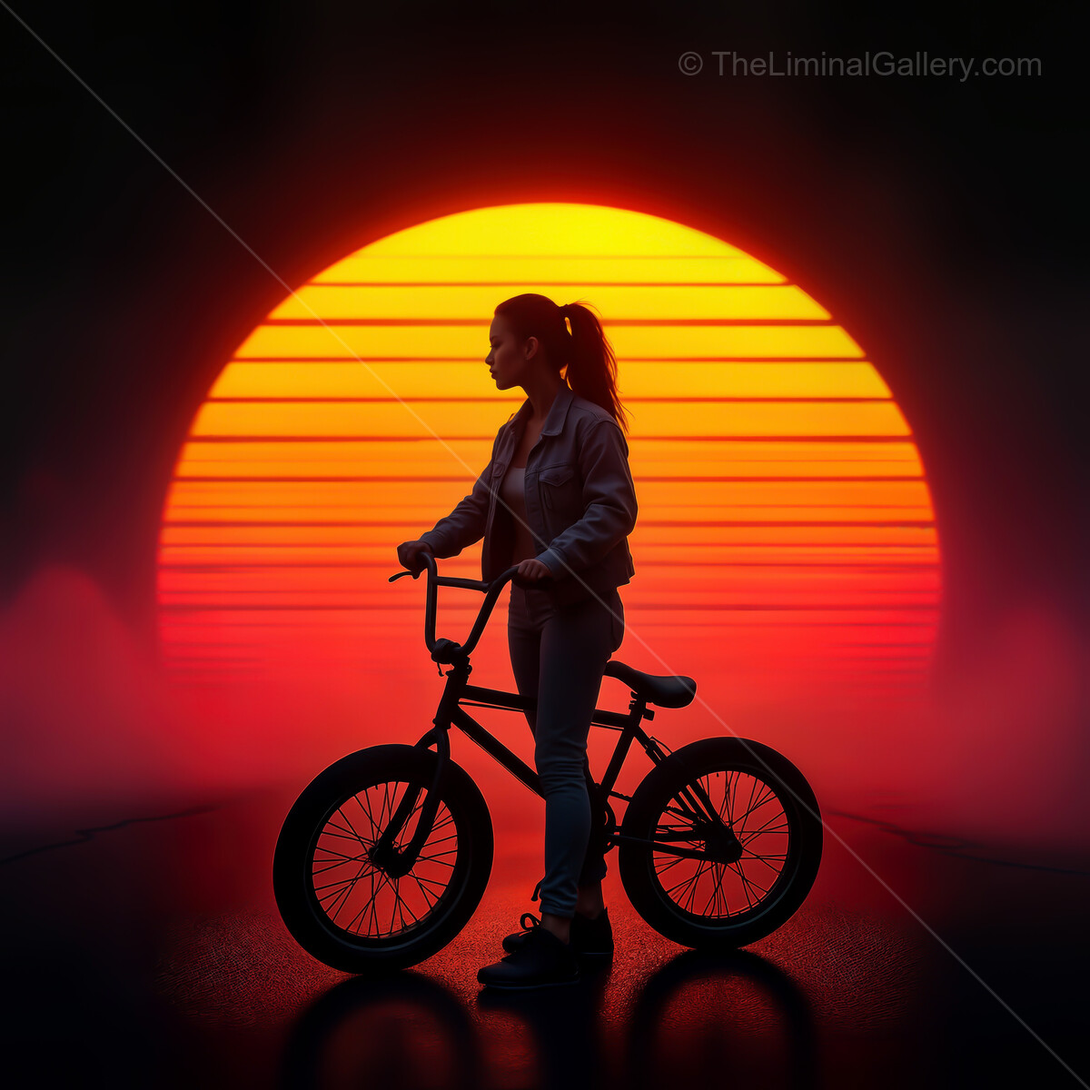 Vivid synthwave sunset creates a stunning backdrop for a girl on a bicycle, capturing a moment of tranquility and nostalgia in vibrant colors