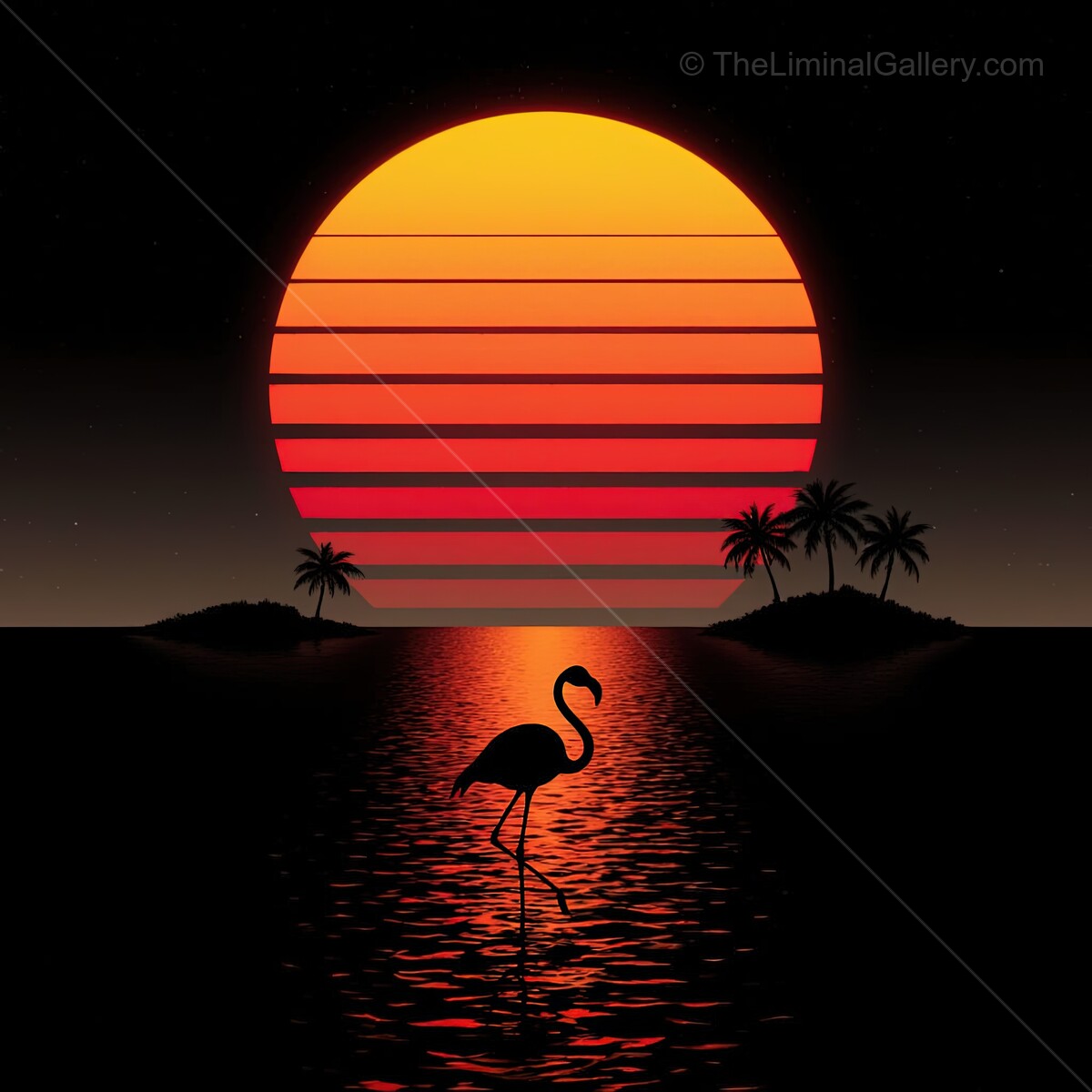 Dancing flamingo silhouetted against a vibrant sunset in a synthwave dreamscape