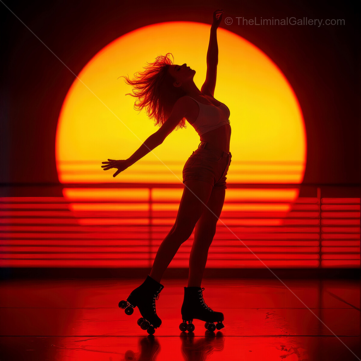 Vivid synthwave sunset with a joyful skater silhouette brightening the night sky over a retro cityscape