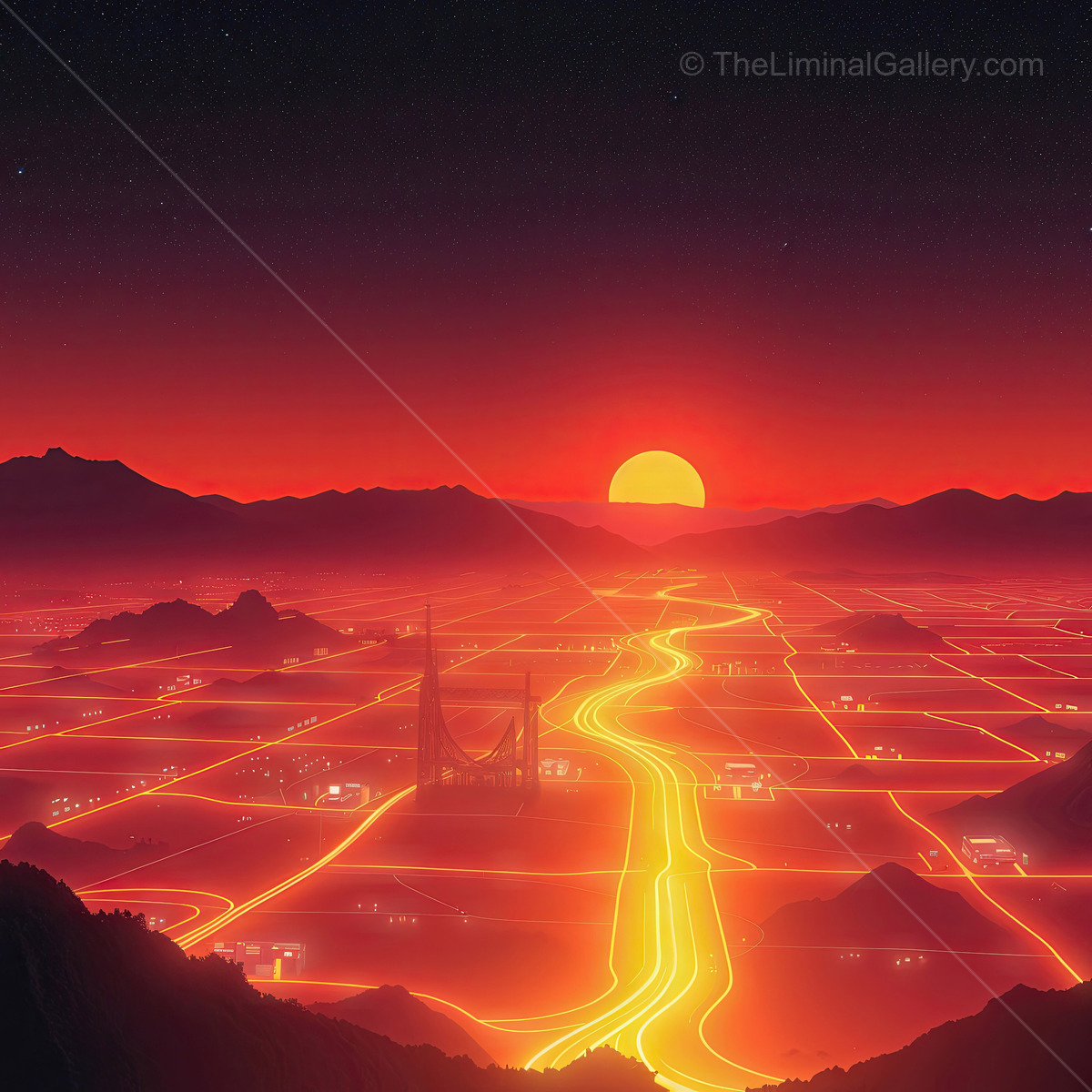 Vibrant sunset over a lava-filled landscape showcasing glowing pathways and distant mountains