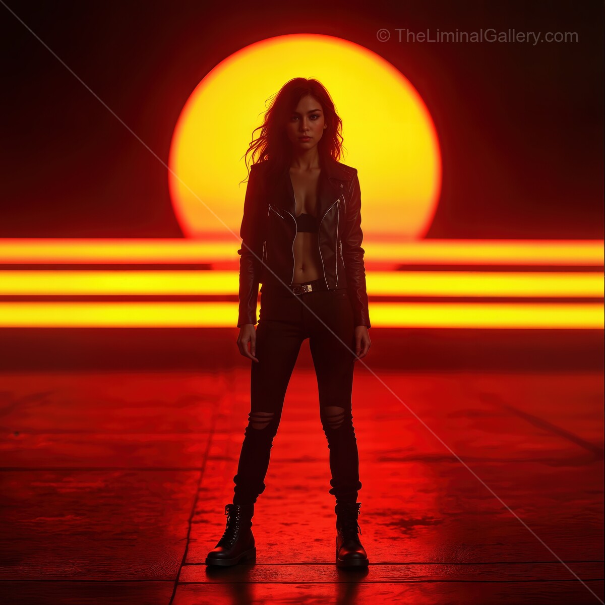 Vibrant synthwave sunset with striking silhouette in a futuristic scene evoking retro vibes and bold energy