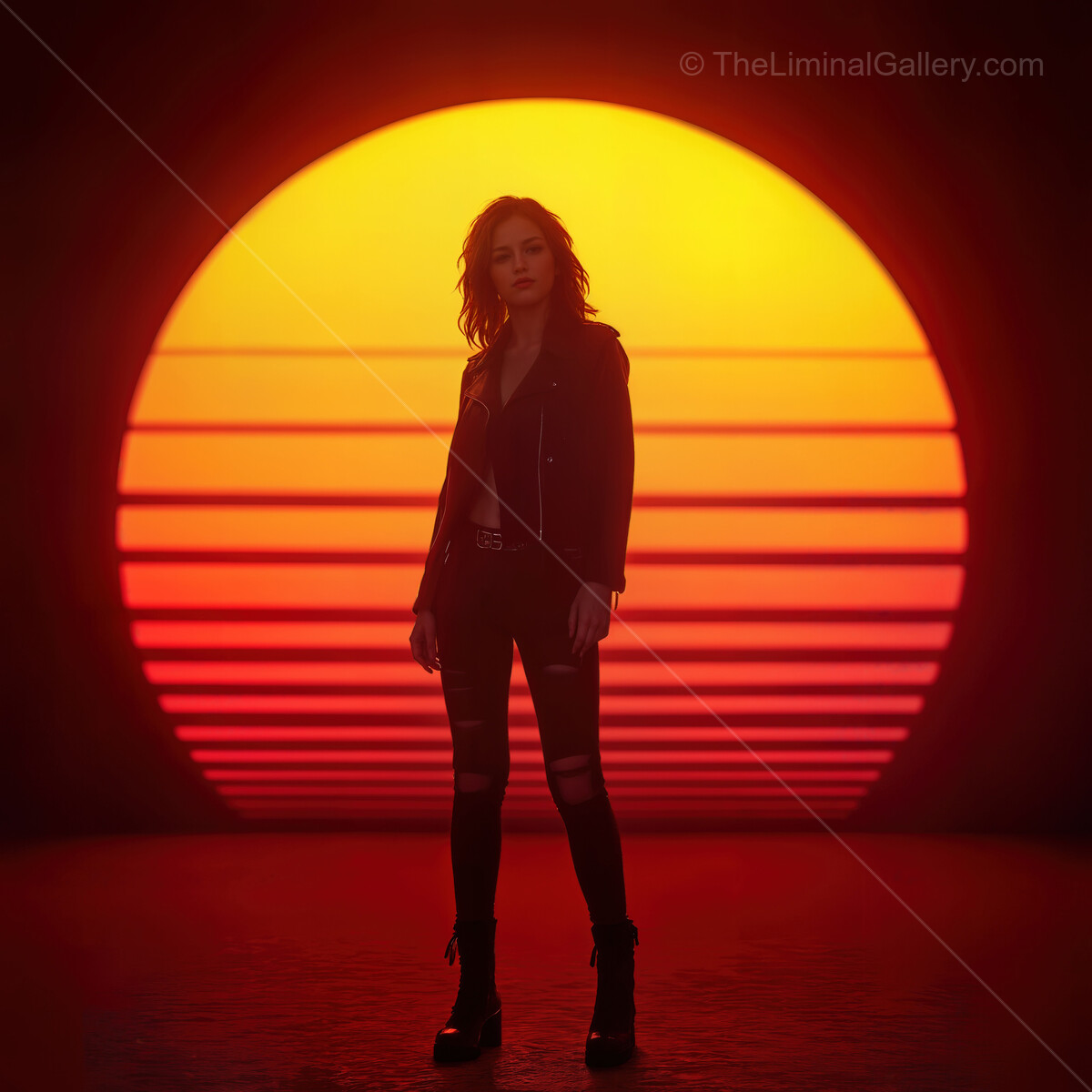 Stunning synthwave sunset creates a vibrant backdrop for a confident figure in a leather jacket